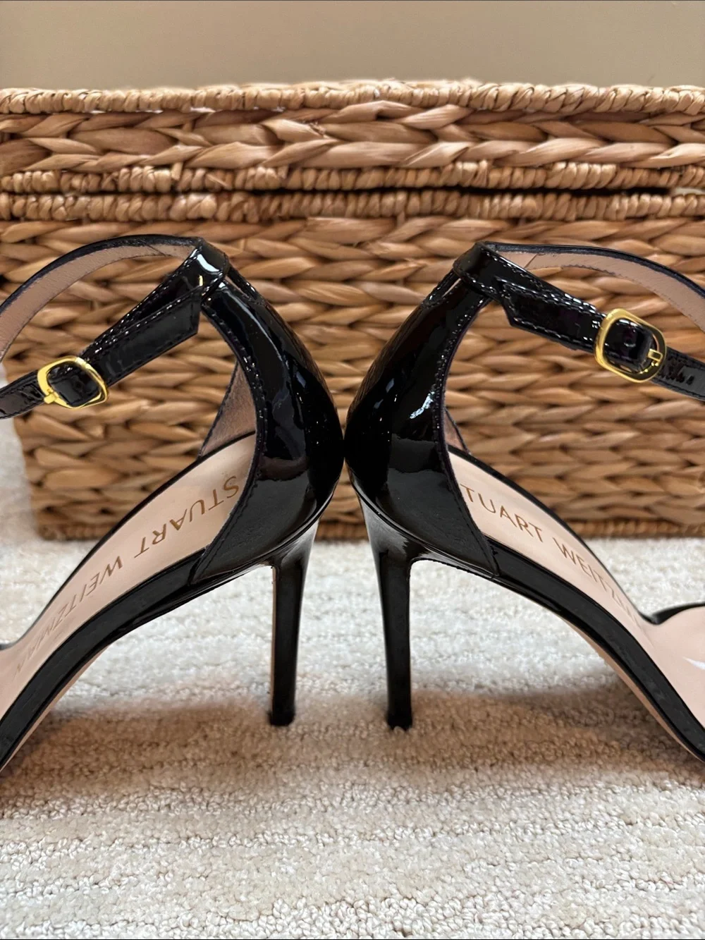 Stuart Weitzman Black Patent Ankle-Strap Heels Size 7.5 EUC